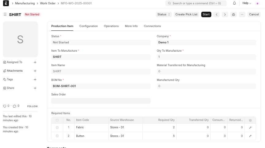 ERPNext Work Order Example