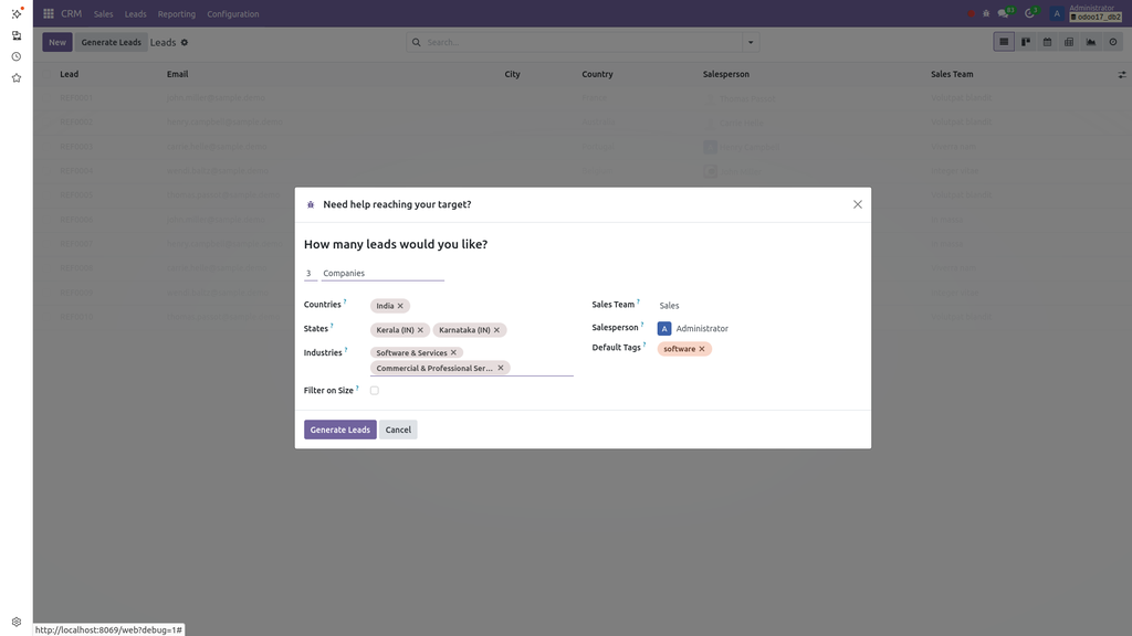 Odoo CRM Lead Creation Screenshot