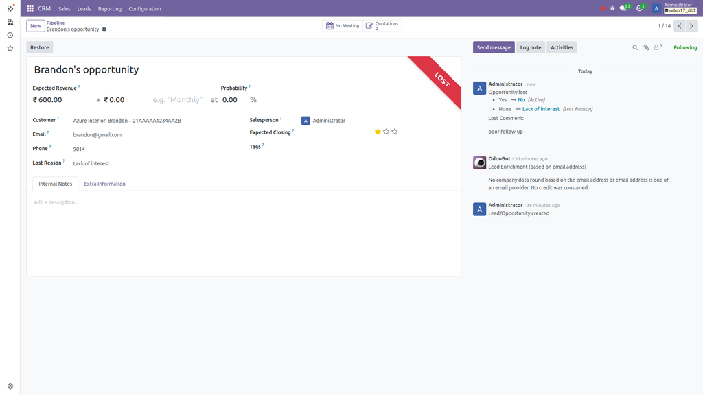 Odoo CRM Lost State Screenshot