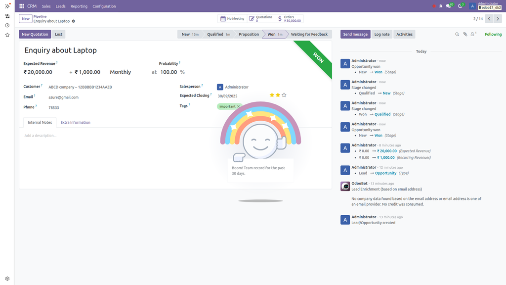Odoo CRM Won State Screenshot