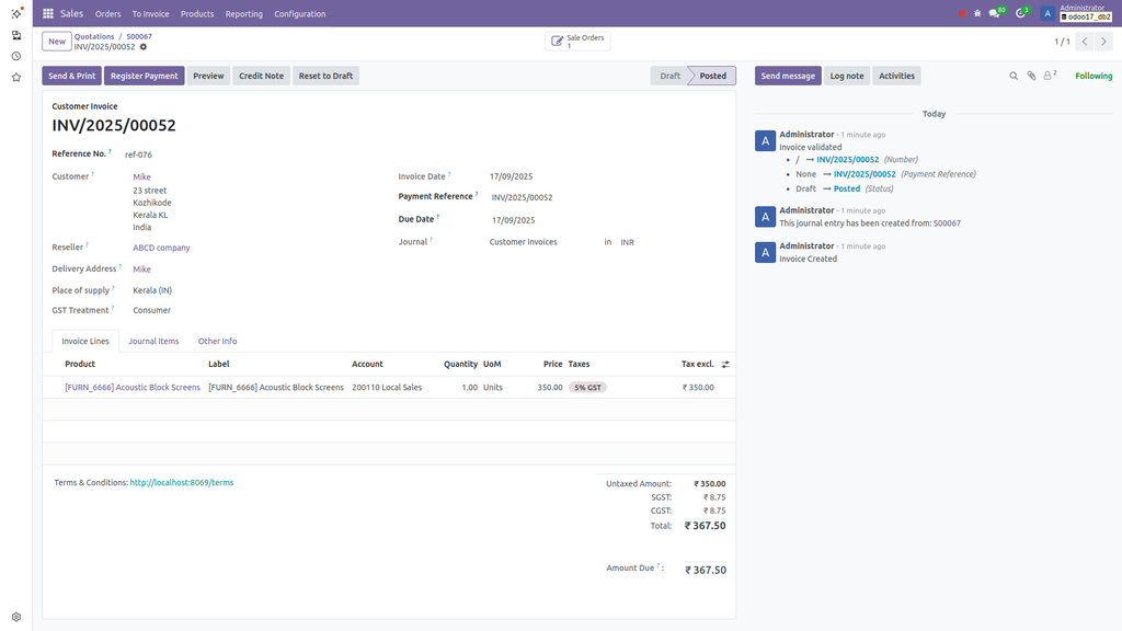 Odoo Sales Invoice Screenshot