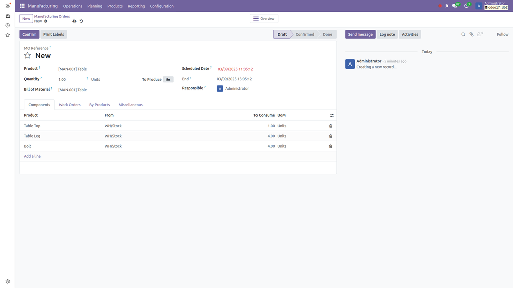 Odoo Manufacturing Order Screenshot