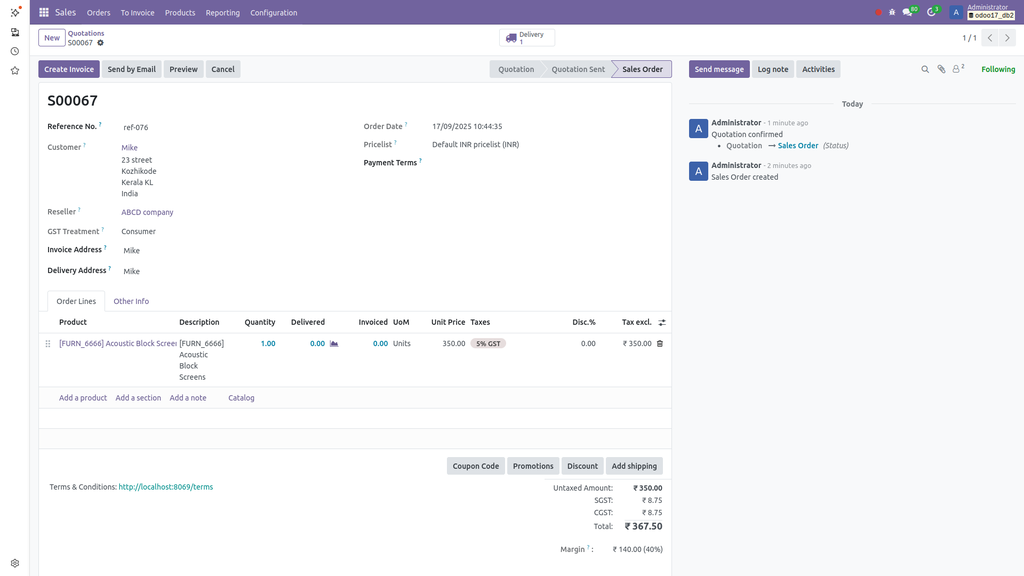 Odoo Sales Order Screenshot